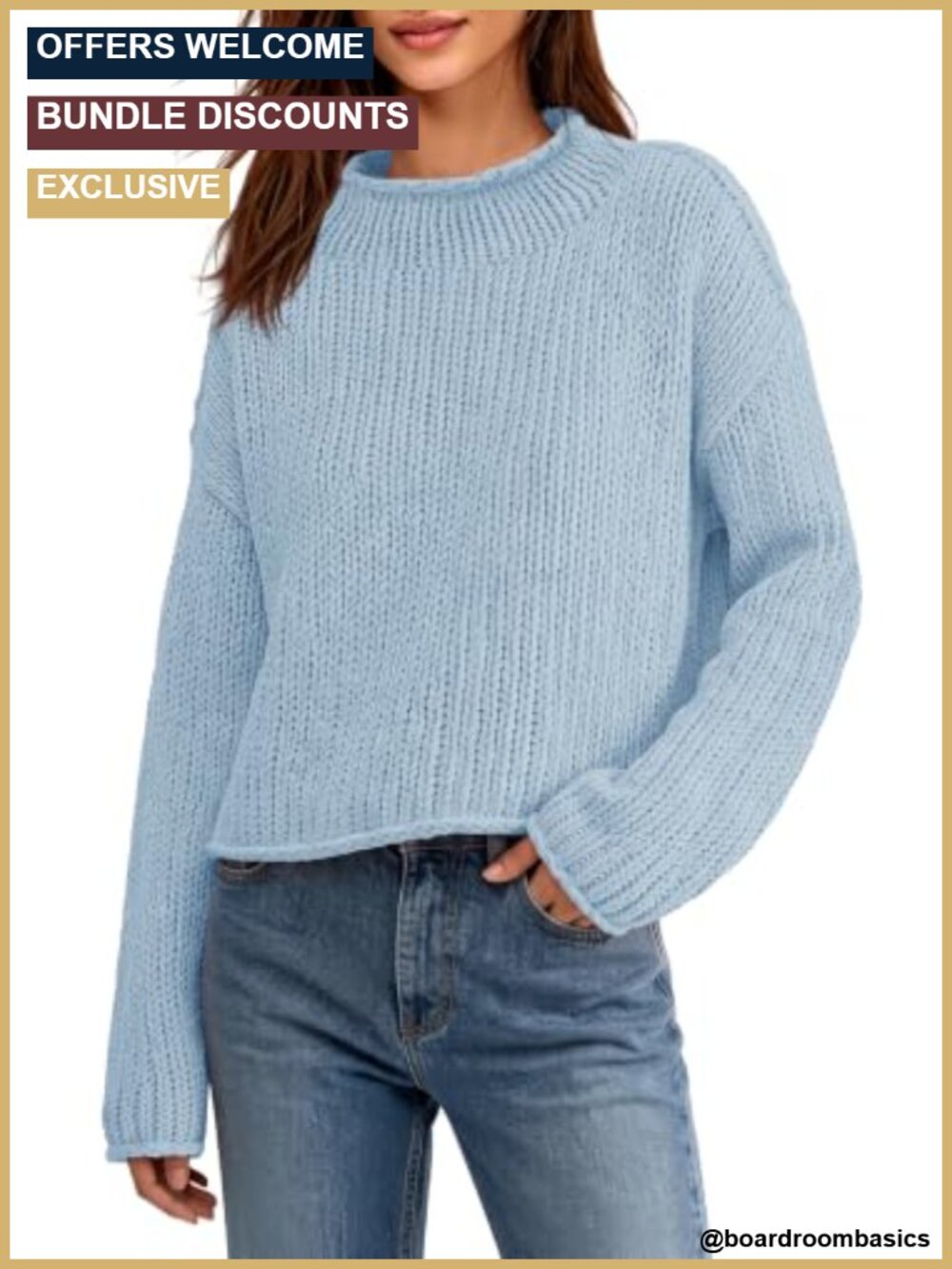 Chunky Knit Cropped Sweater Boxy Fit Mock Neck Long Sleeve Pullover